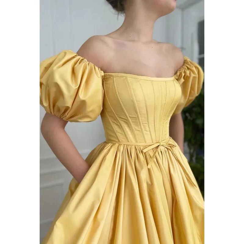 A-Line Off-Shoulder Satin Pleats Short Sleeves Prom Evening Formal Dress