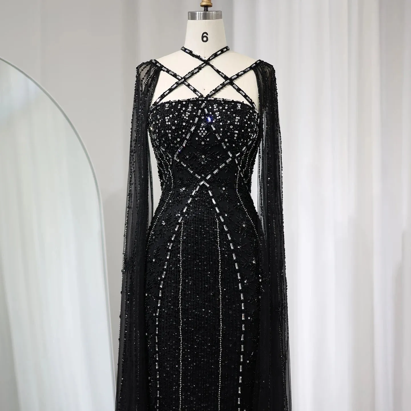 Aqua Mermaid Evening Gown with Cape Sleeves