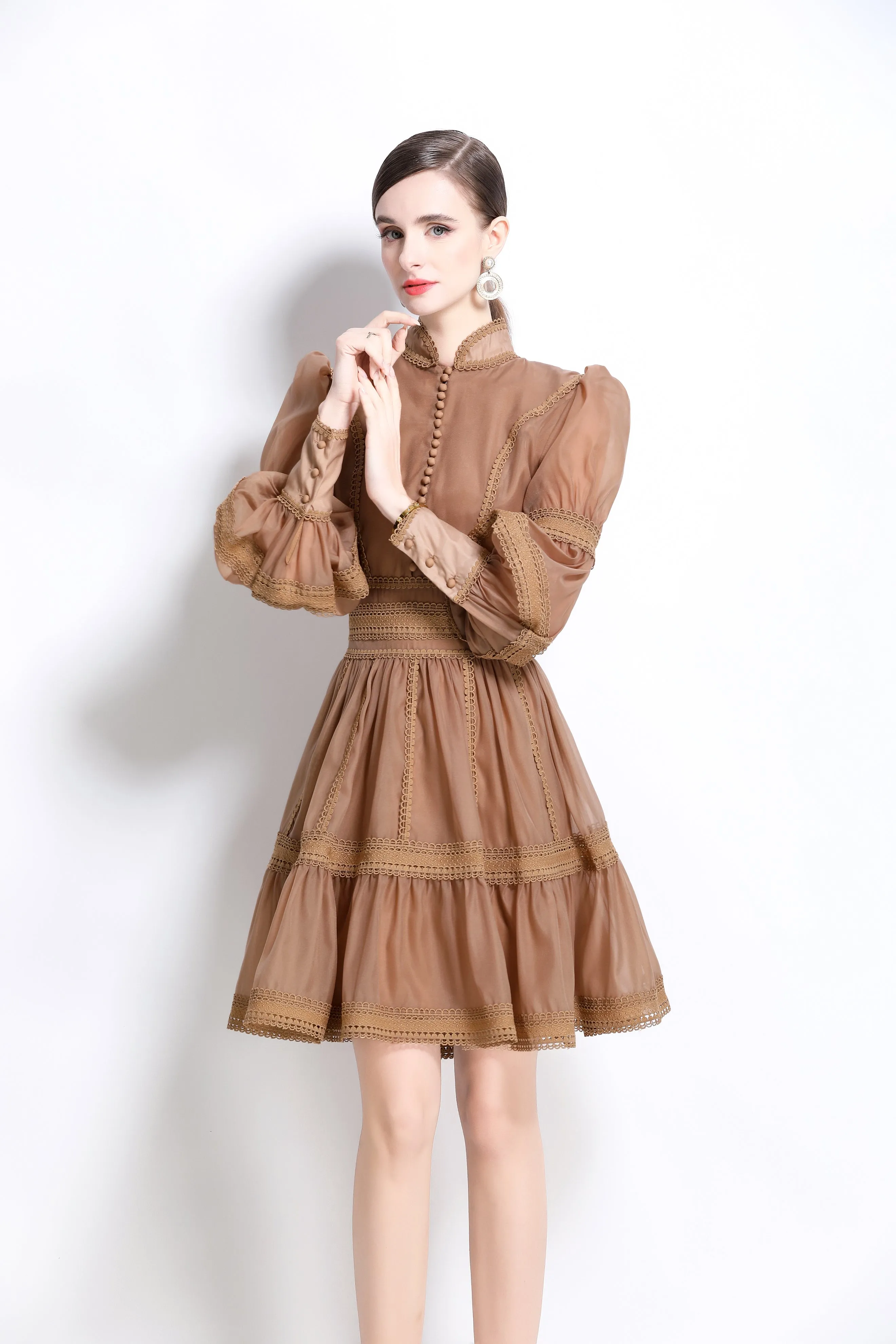 BK-Organza Lace Puff Sleeve Mini Dress