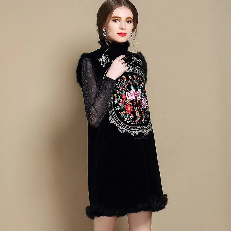 Floral Embroidery Fur Collar & Edge Knee Length Chinese Waistcoat Vest