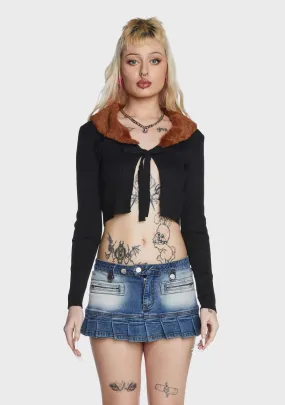 Fur Collar Tie Front Cardigan