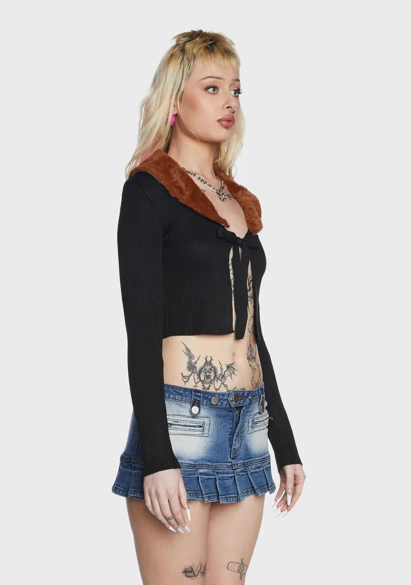 Fur Collar Tie Front Cardigan