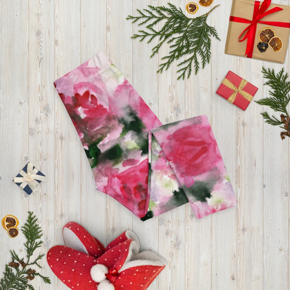 Garden Roses Capri Leggings, Pink Roses Floral Casual Tights Floral Designer Casual 38–40 UPF Capri Leggings Activewear Outfit - Made in USA/EU/MX (US Size: XS-XL)