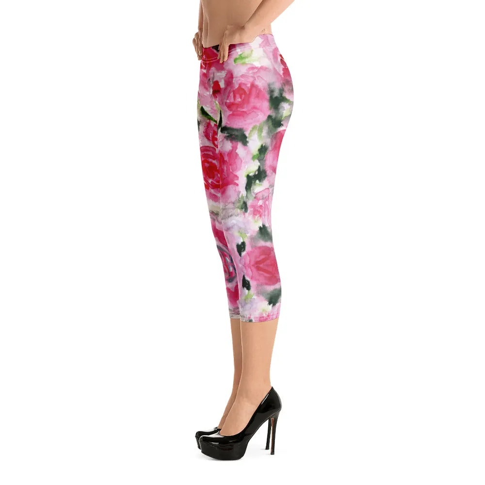 Garden Roses Capri Leggings, Pink Roses Floral Casual Tights Floral Designer Casual 38–40 UPF Capri Leggings Activewear Outfit - Made in USA/EU/MX (US Size: XS-XL)