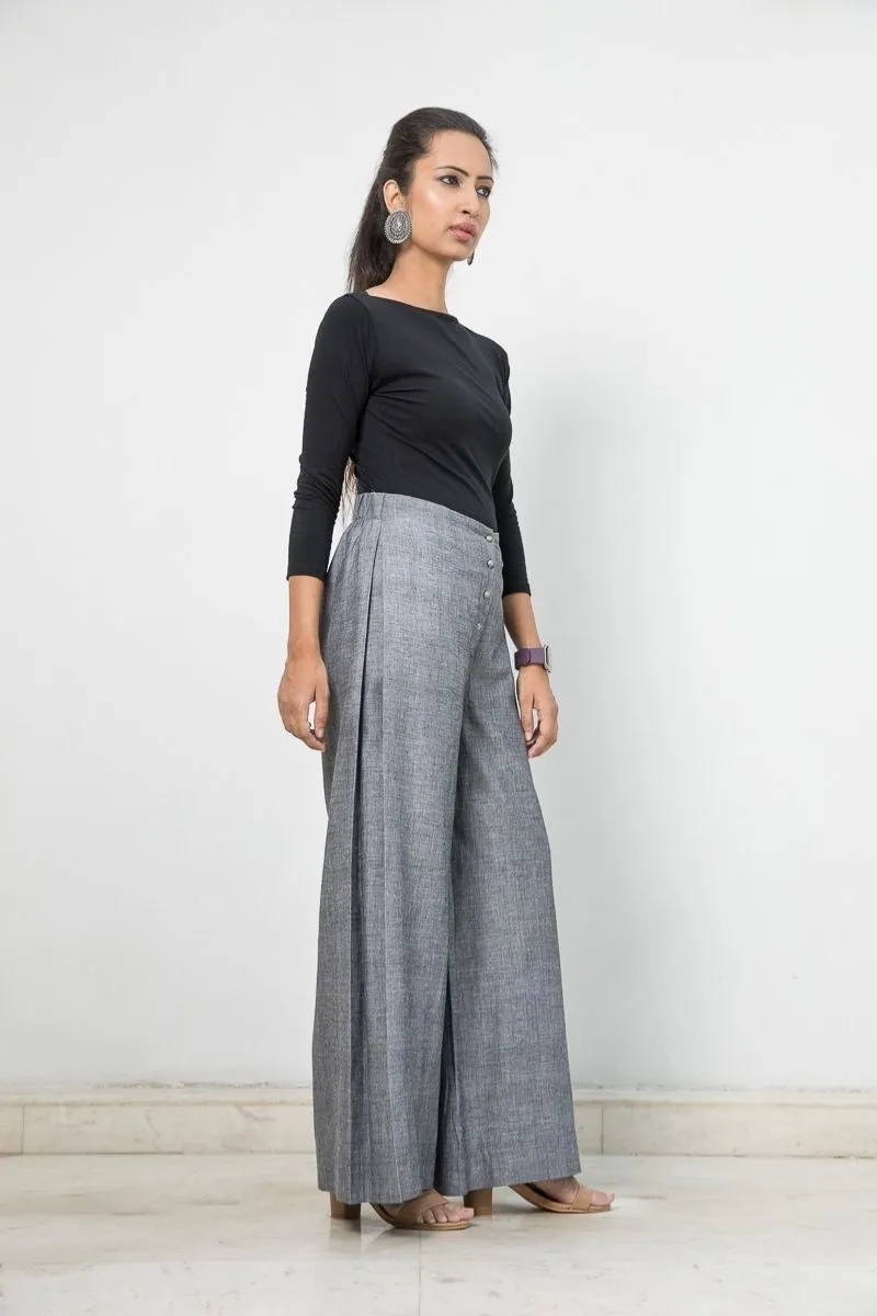 Handloom Cotton Flared Pants with box pleats in Slate Grey