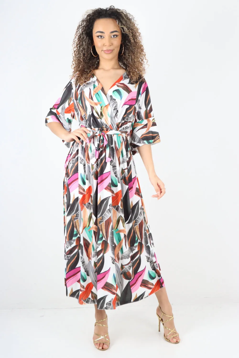 Italian Printed Elasticated Waist Tie Multi Leaf Wrap over V Neck Maxi Dress