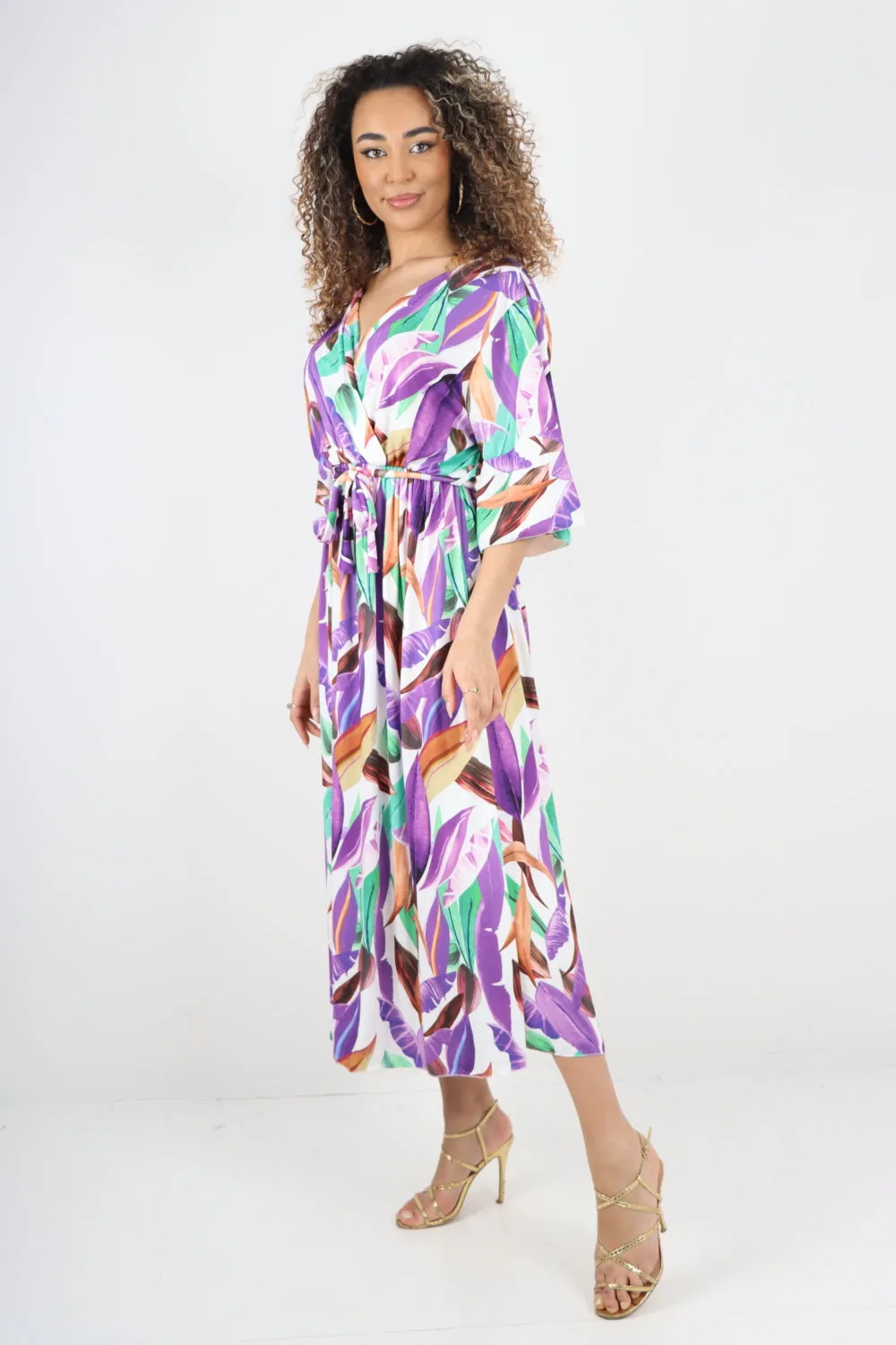 Italian Printed Elasticated Waist Tie Multi Leaf Wrap over V Neck Maxi Dress