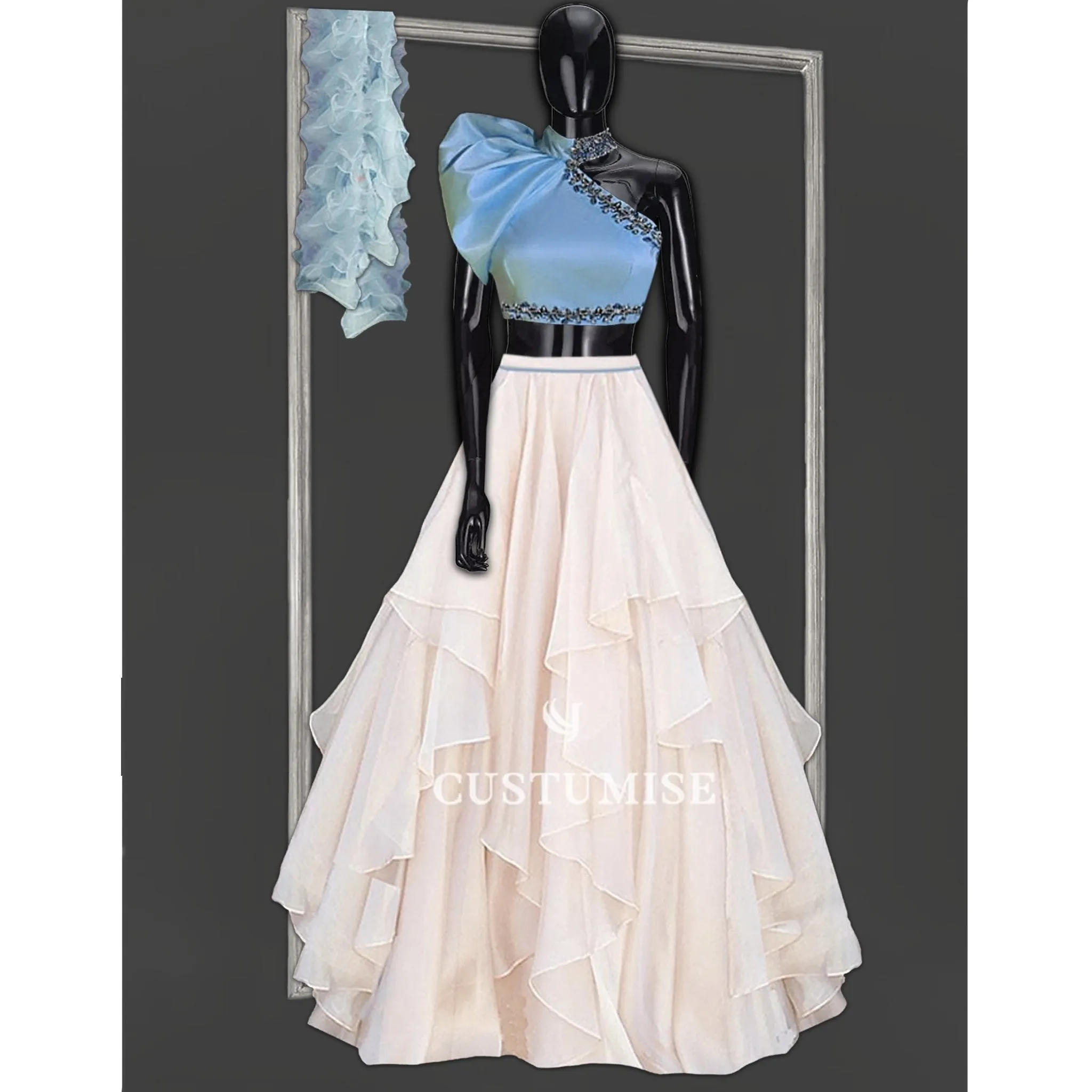 Ivory and Blue Ruffled Skirt Set