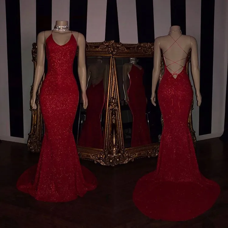kamahe Sexy Spaghetti Straps Red Mermaid Prom Dress Sequins Chiffon Long