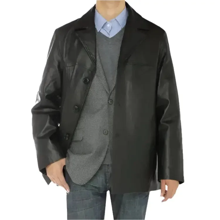 Men's Black Lambskin Leather Overcoat Blazer Jacket