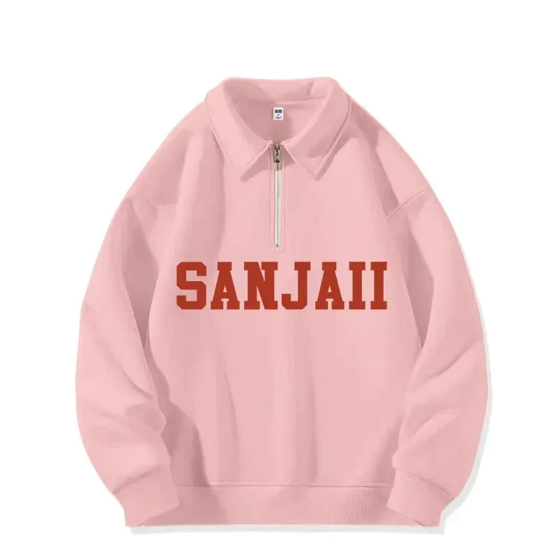 Metaversmall Chic Zipper Polo Pullovers Simple Letter Printing Female Hoodies Loose Solid Color Casual Fashion 5-colors Women Hoodies