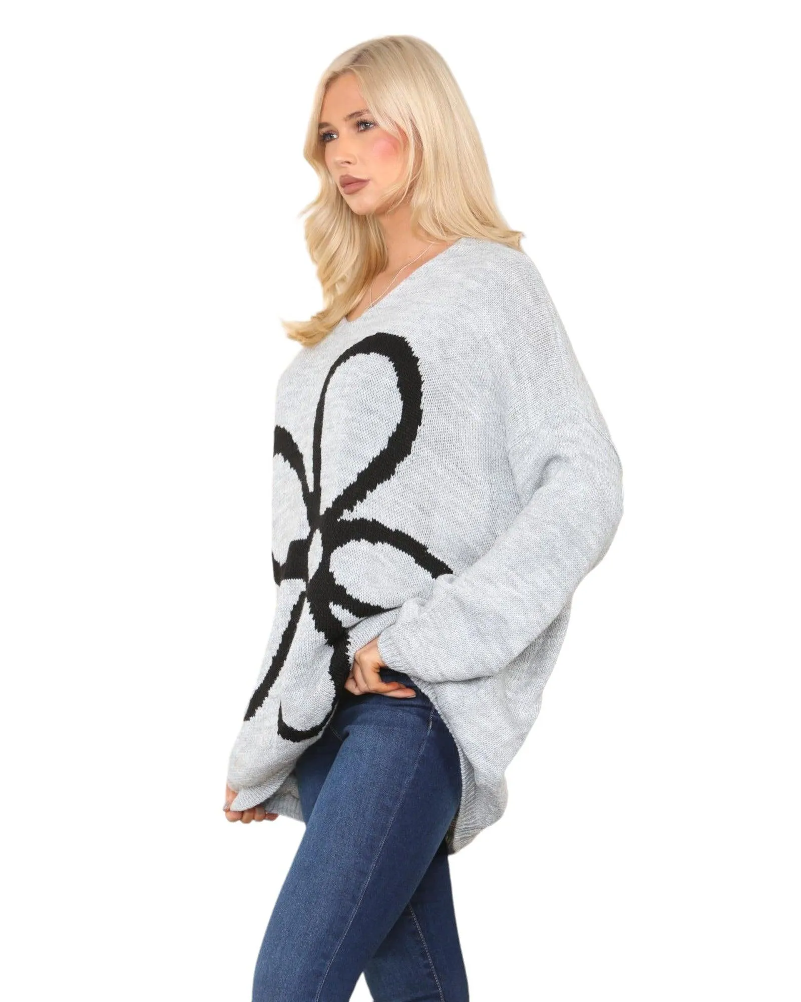 Oversized  Long Sleeve Floral Print  Knitted Jumper Top