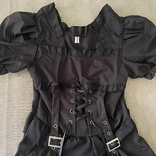 Punk Gothic Front Tie Dress, Impressive Puff Sleeve Clothes For Women