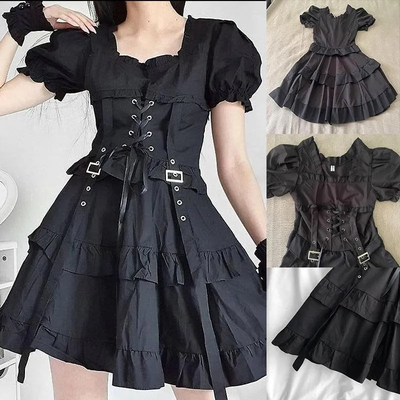Punk Gothic Front Tie Dress, Impressive Puff Sleeve Clothes For Women