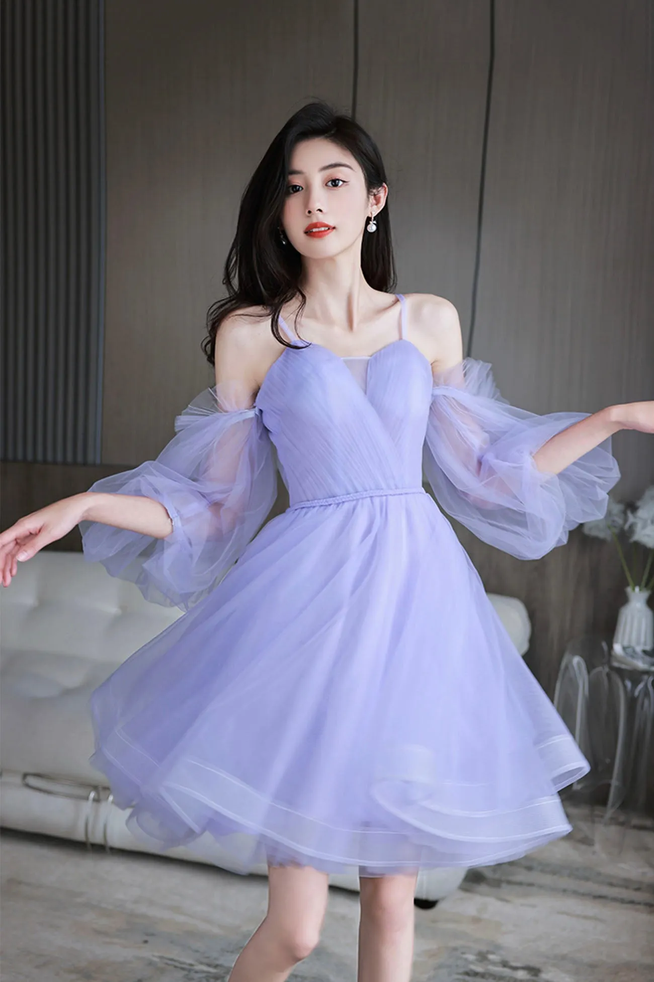 Purple Spaghetti Strap Tulle Short Prom Dress, Cute Homecoming Party Dress