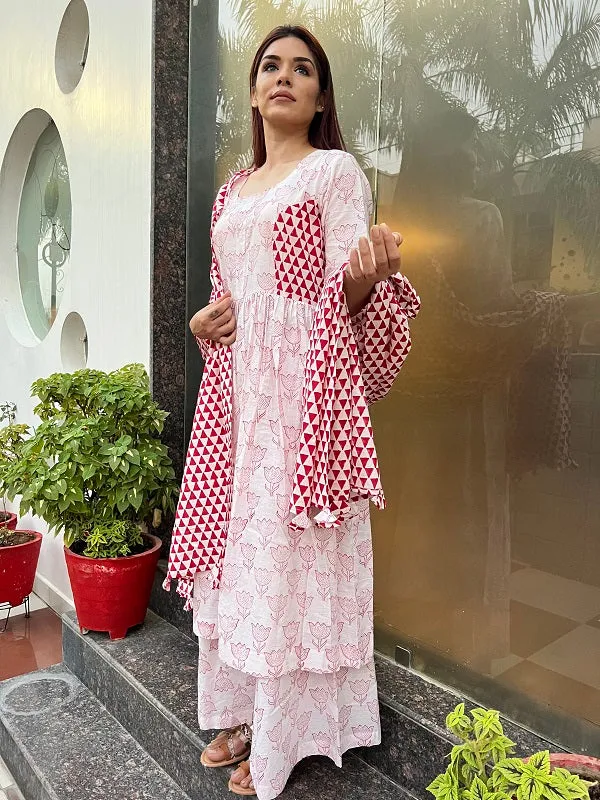 Red and White Three Piece Cotton Hand Block Print Kurta Palazzo Dupatta Set For Women