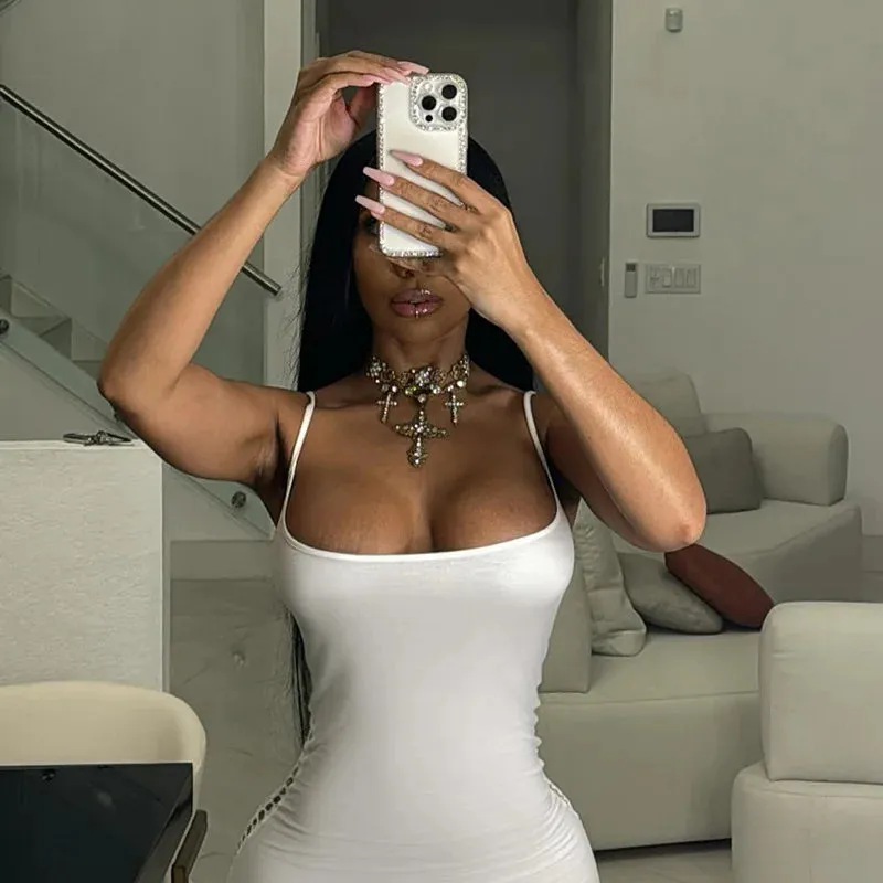 Solid Elegant Low Cut Dress - White color and black color