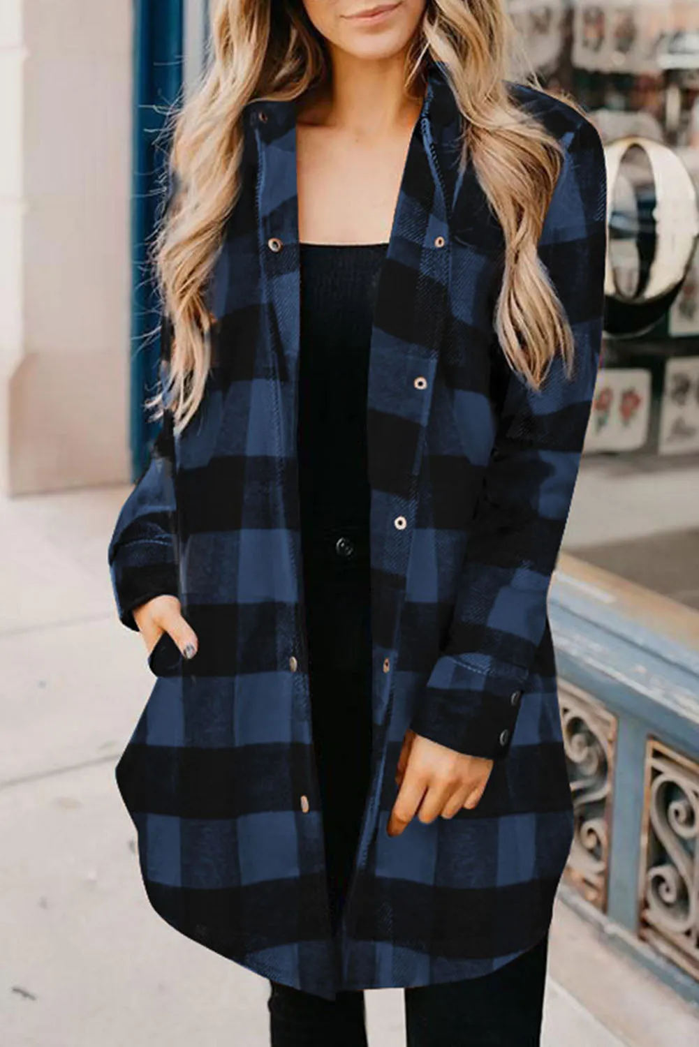 Turn-down Collar Plaid Shirt Coat