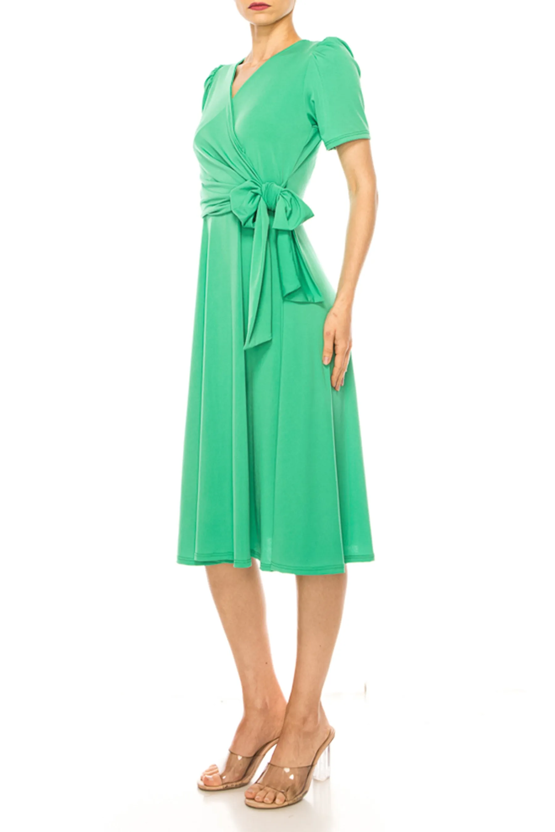Women's Stylish Solid Faux Wrap Dress with Deep V-Neck