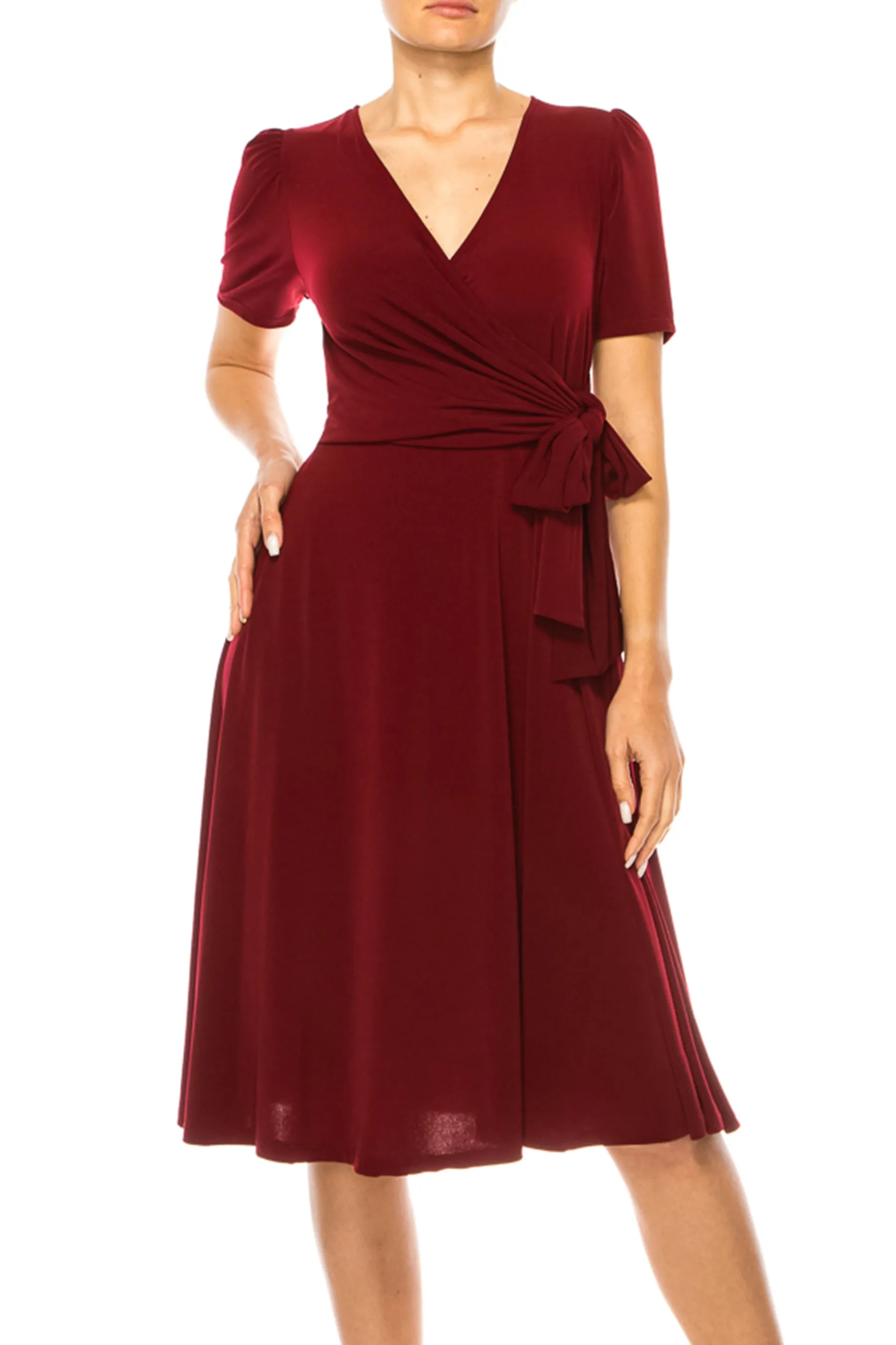 Women's Stylish Solid Faux Wrap Dress with Deep V-Neck